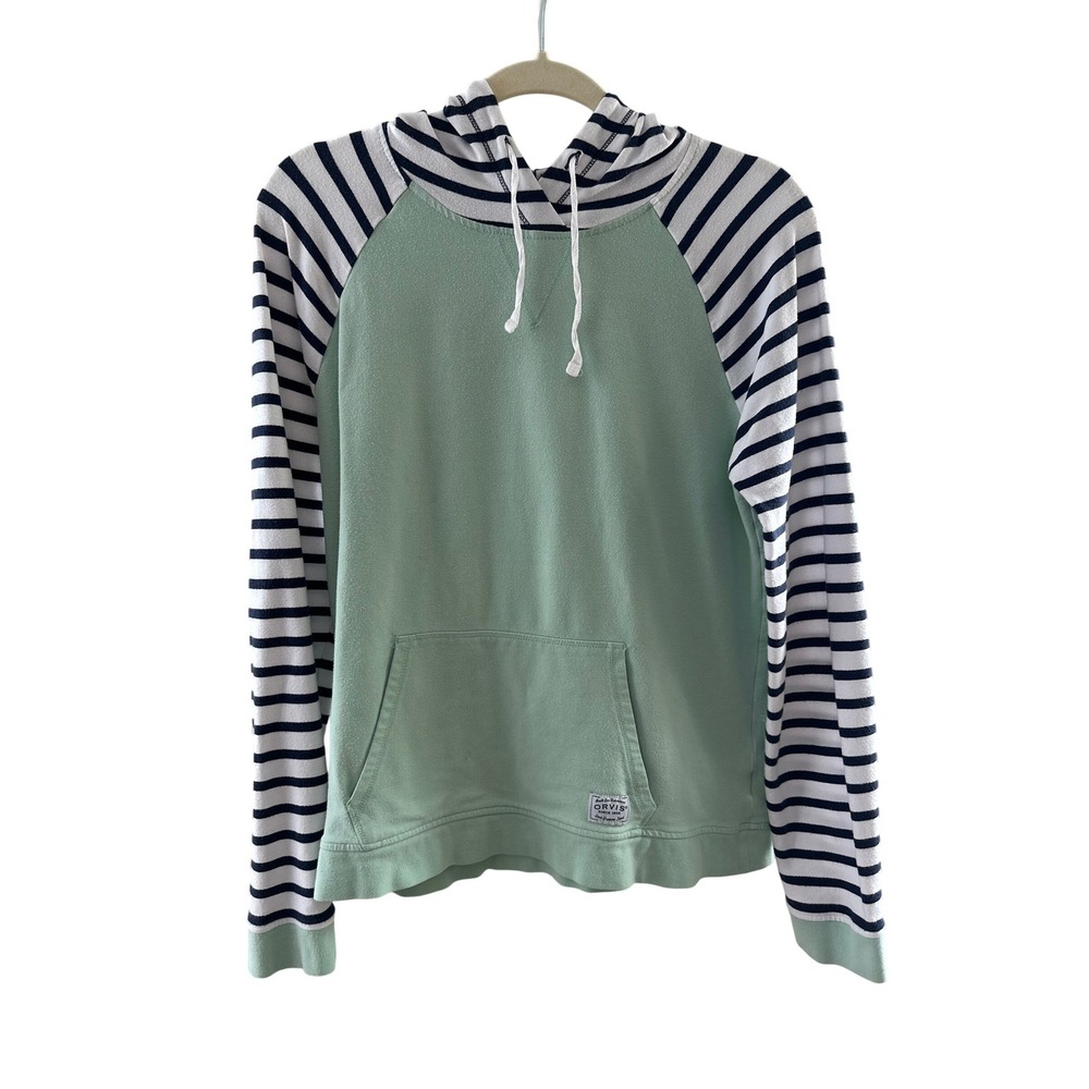 ORVIS Womens Mint Green Striped‎ Sleeve Raglan Hoodie Nautical Sweatshirt Small